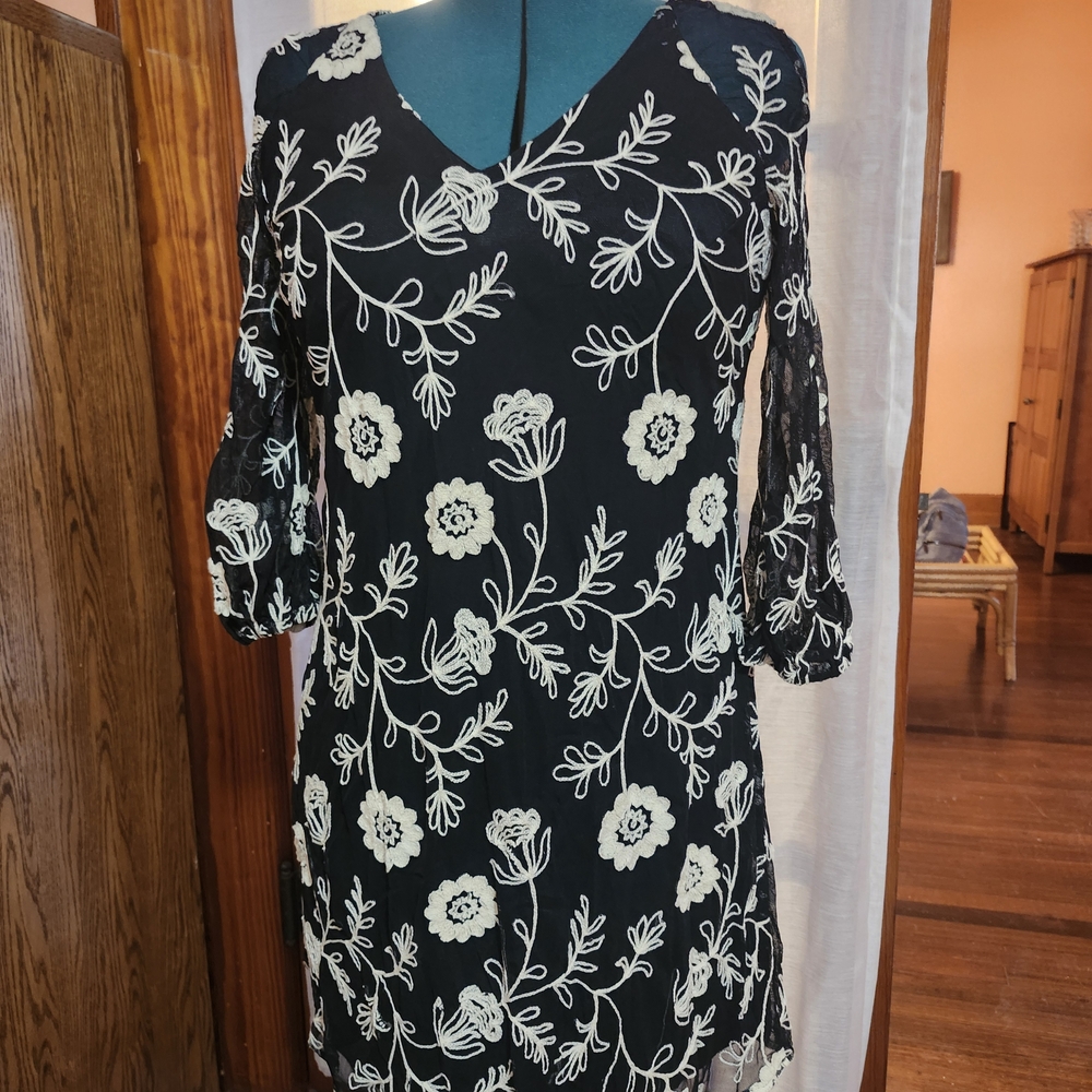 Danny & Nicole Elegant Black Dress with Cream Floral Pattern
